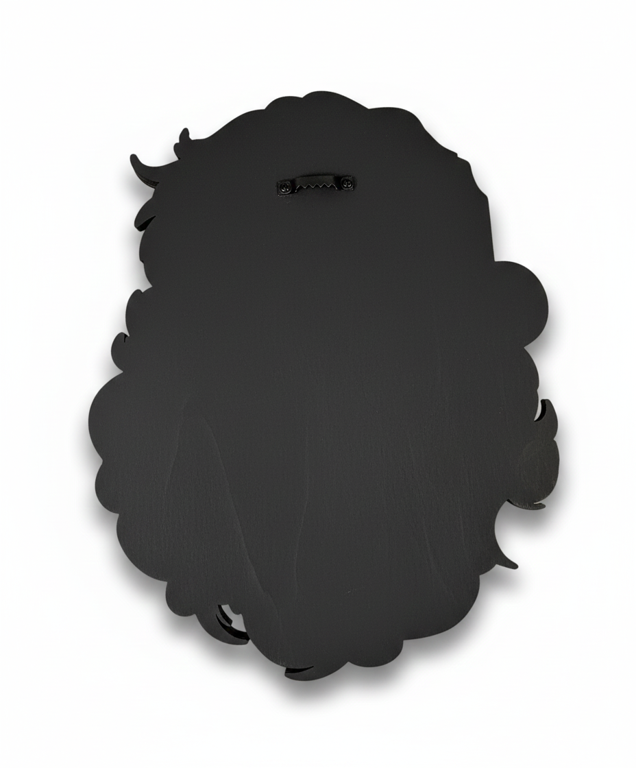 Back of Santas face, painted black, with wall hanging hardware in the top center. 