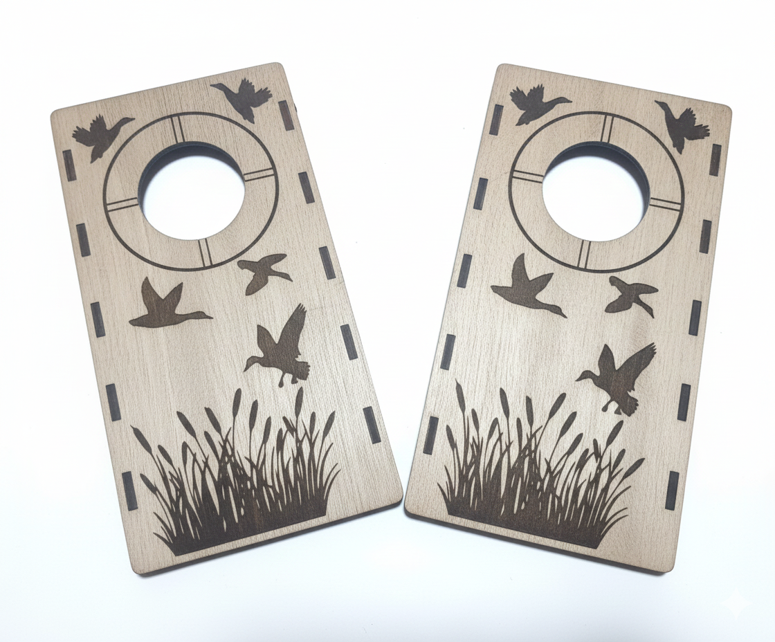Two wooden mini cornhole boards with bird and grass designs on a white background