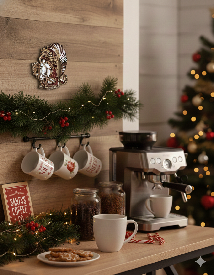 Coffee station with mugs, coffee machine, and Christmas decorations.
