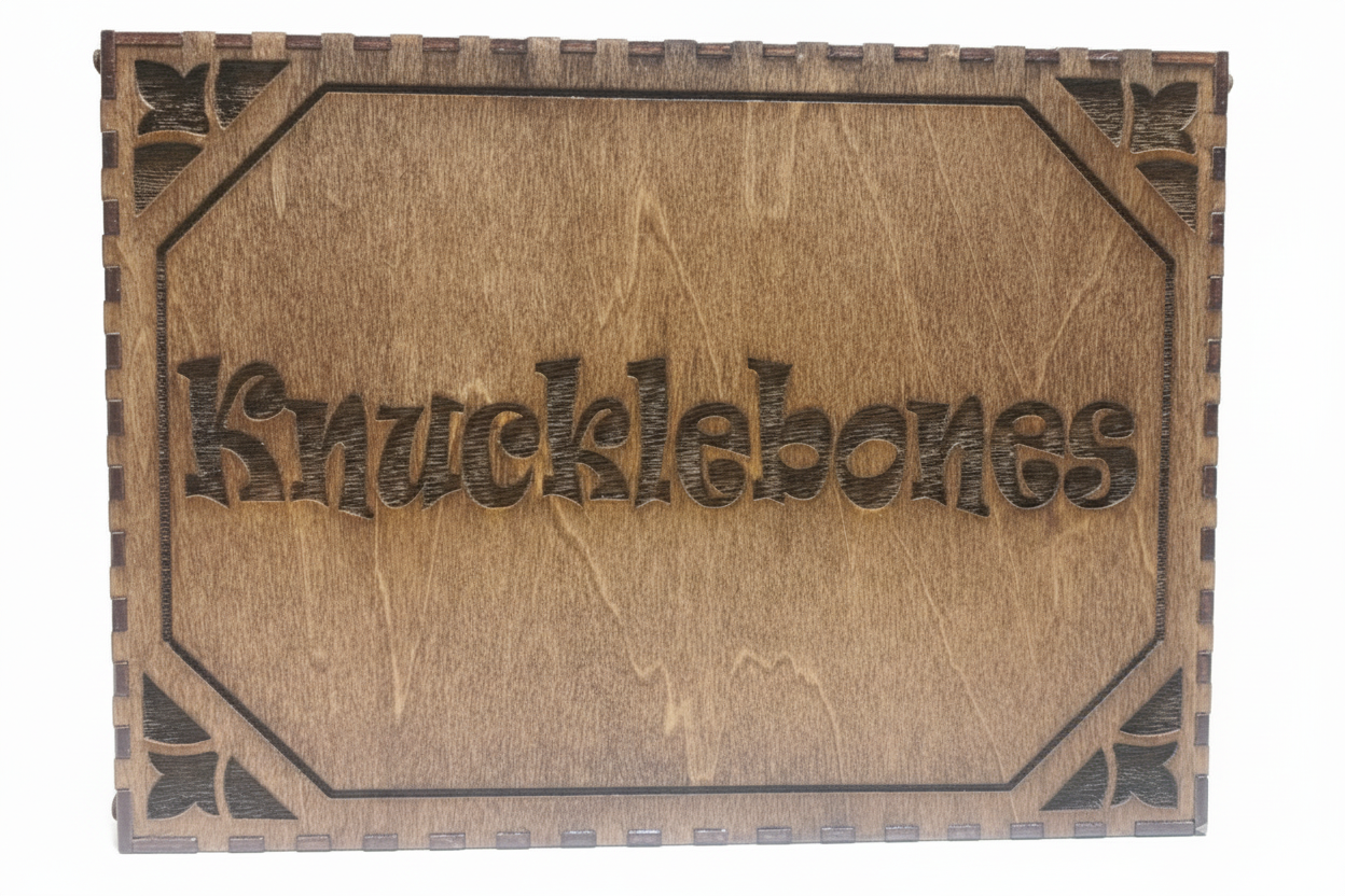 Wooden box with 'Knucklebones' engraved on it. Opens to reveal 18 dice on a game board with instructions. 