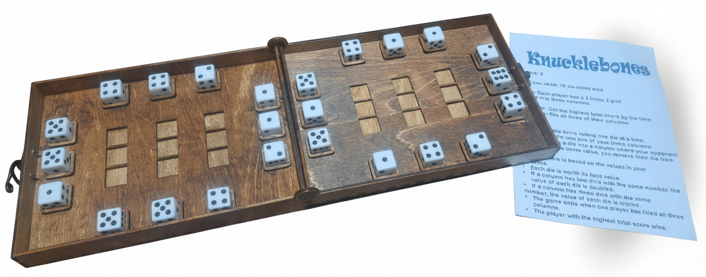 Wooden dice tray with 24 dice and instructions on a paper on a white background