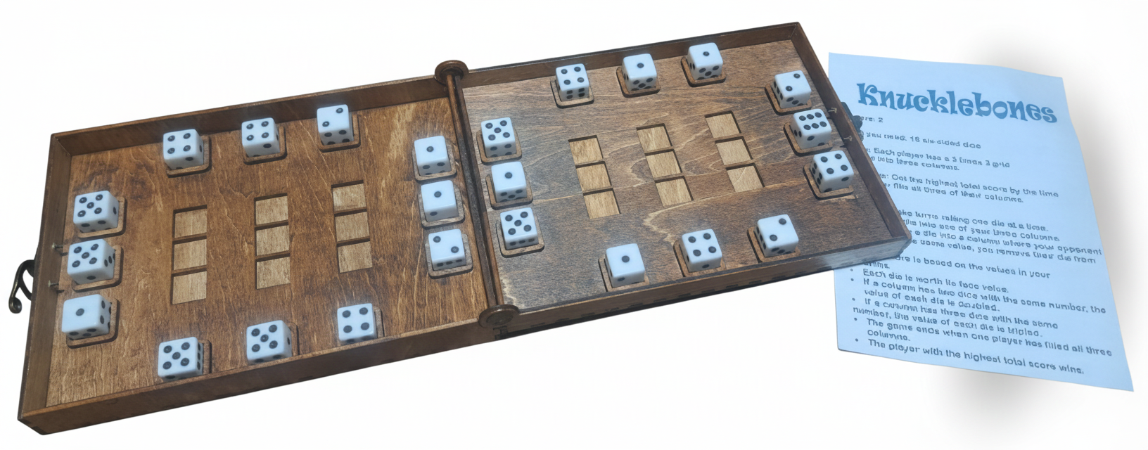 Wooden dice tray with 24 dice and instructions on a paper on a white background