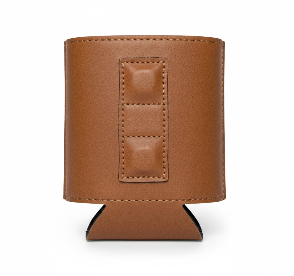 Brown can cooler showing magnets on the back, set on a white background