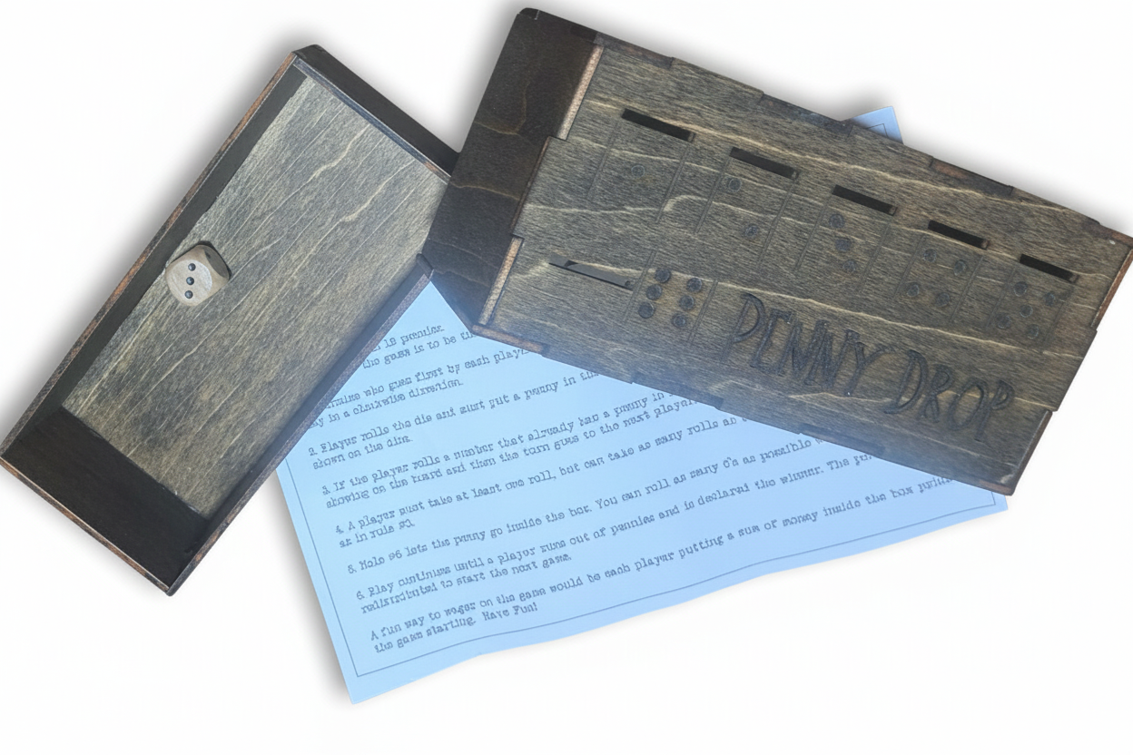 Wooden block with 'Penny Drop' branding on a white background