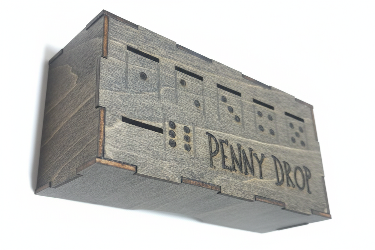 Wooden box labeled 'Penny Drop' on a white background