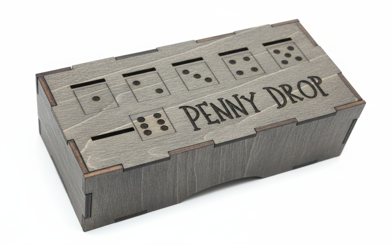 Wooden box labeled 'Penny Drop' with slot designs on a white background