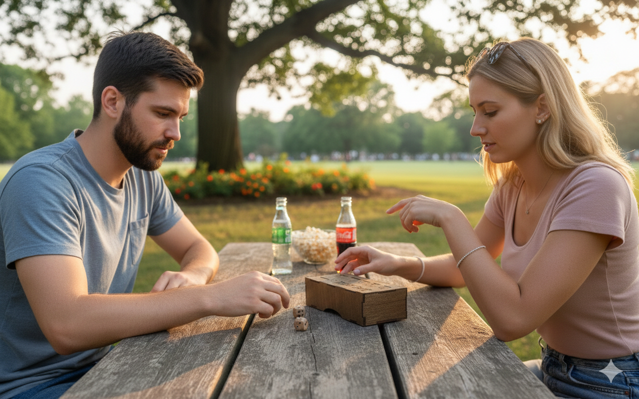 Man and woman sitting at a picnic table in a park, enjoying snacks and drinks.