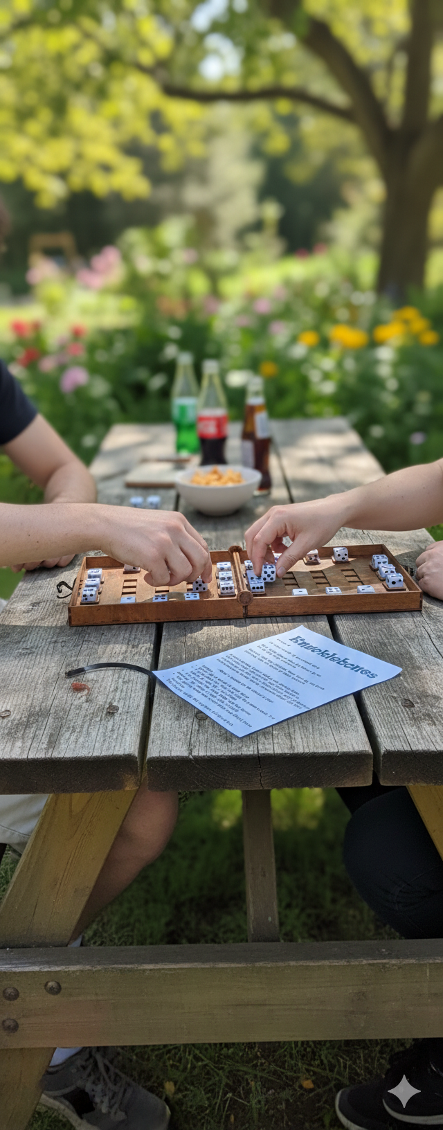 Two people playing a board game on a wooden picnic table outdoors with a scenic background.