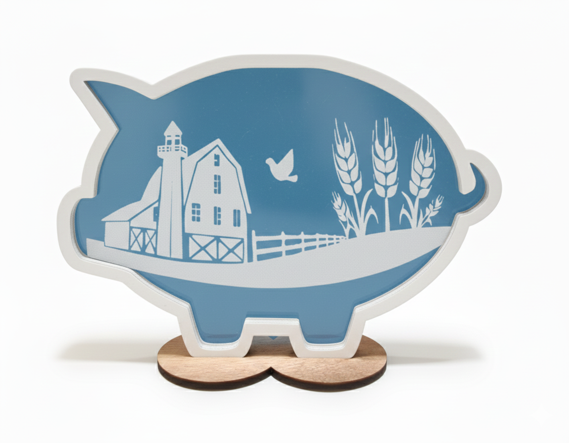Decorative piggy bank with a farmhouse and wheat design on a blue background