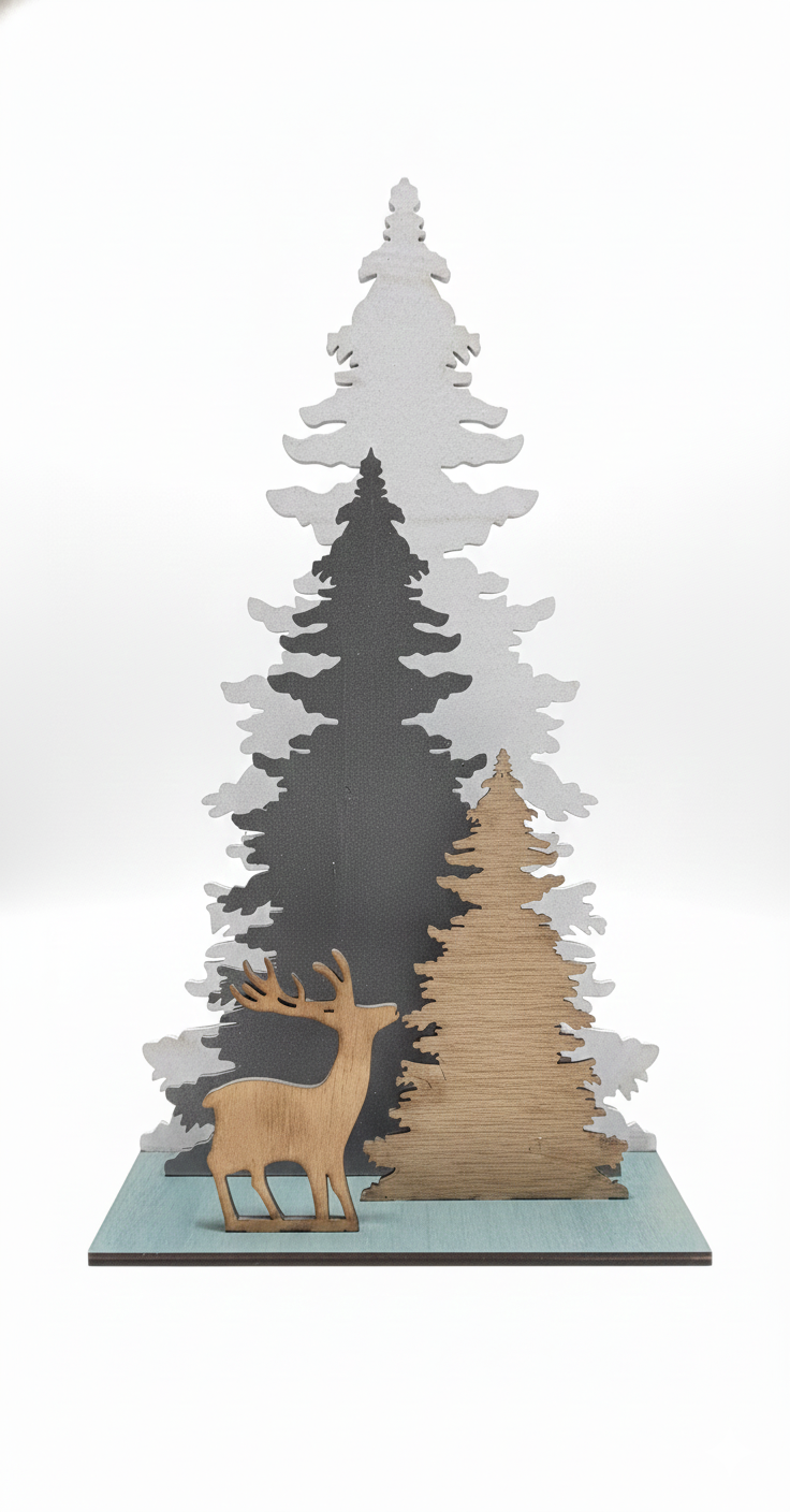 Decorative wall art with trees and a deer silhouette on a white background
