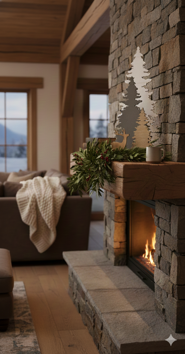Cozy living room with stone fireplace, Christmas decorations, and mountain view.