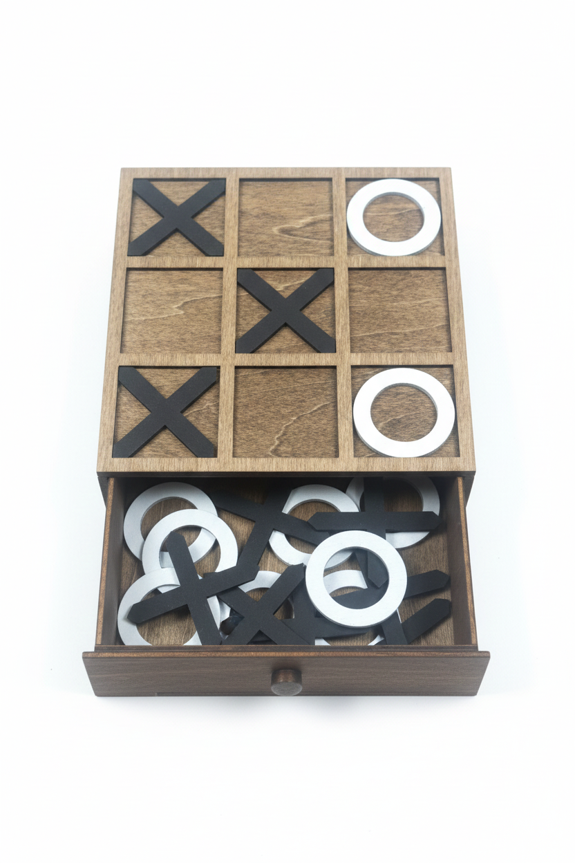 Wooden tic-tac-toe game set with pieces on a white background