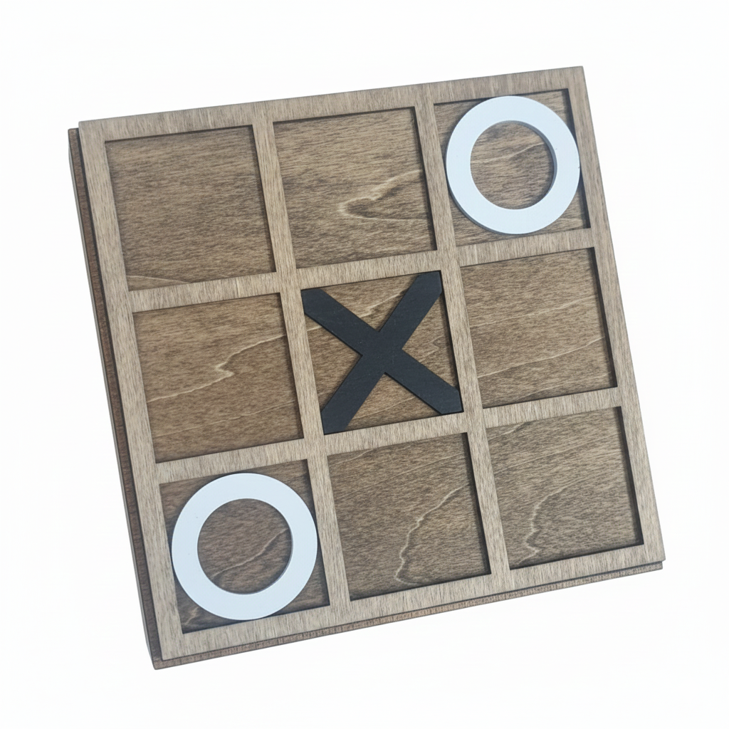 Wooden tic-tac-toe board with 'X' and 'O' game pieces on a white background