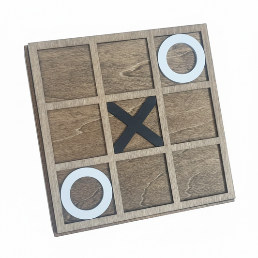 Wooden tic-tac-toe board with 'X' and 'O' game pieces on a white background